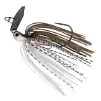 Fishing jig lure with dark head, white skirt with speckled streaks, and spinner blade