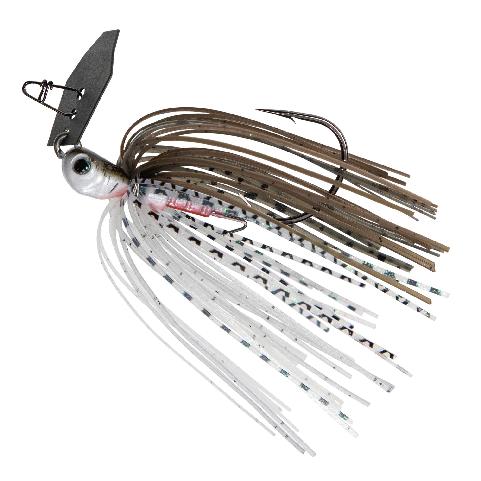 Fishing jig lure with dark head, white skirt with speckled streaks, and spinner blade