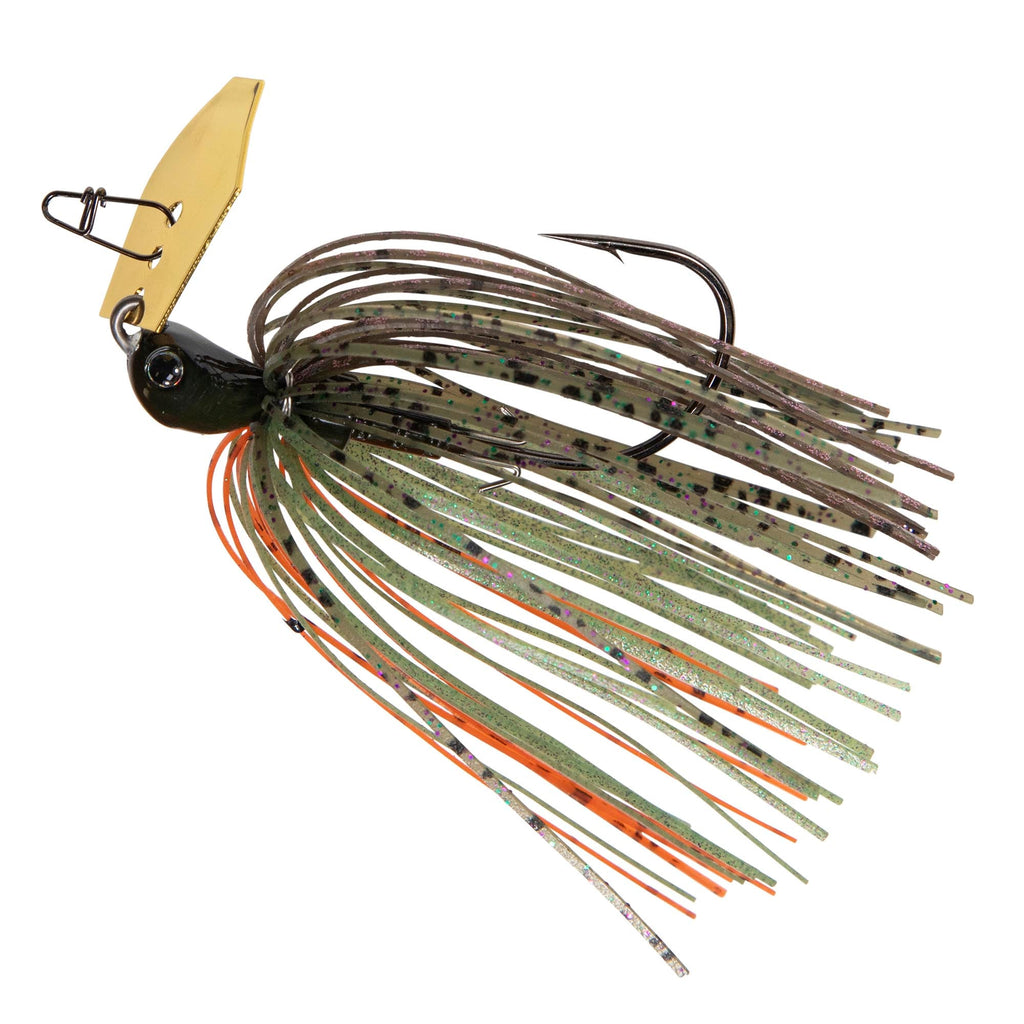 Fishing jig lure with dark head, dark skirt with orange accent strands, and gold spinner blade