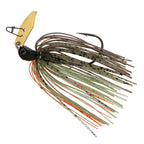 Fishing jig lure with dark head, dark skirt with orange accent strands, and gold spinner blade