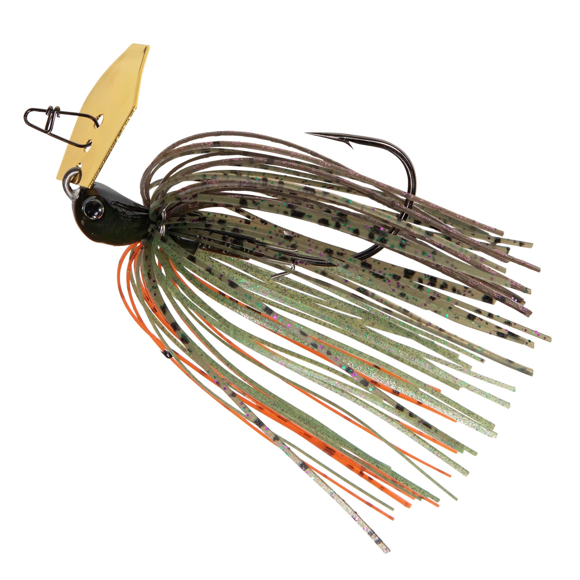 Fishing jig lure with dark head, dark skirt with orange accent strands, and gold spinner blade