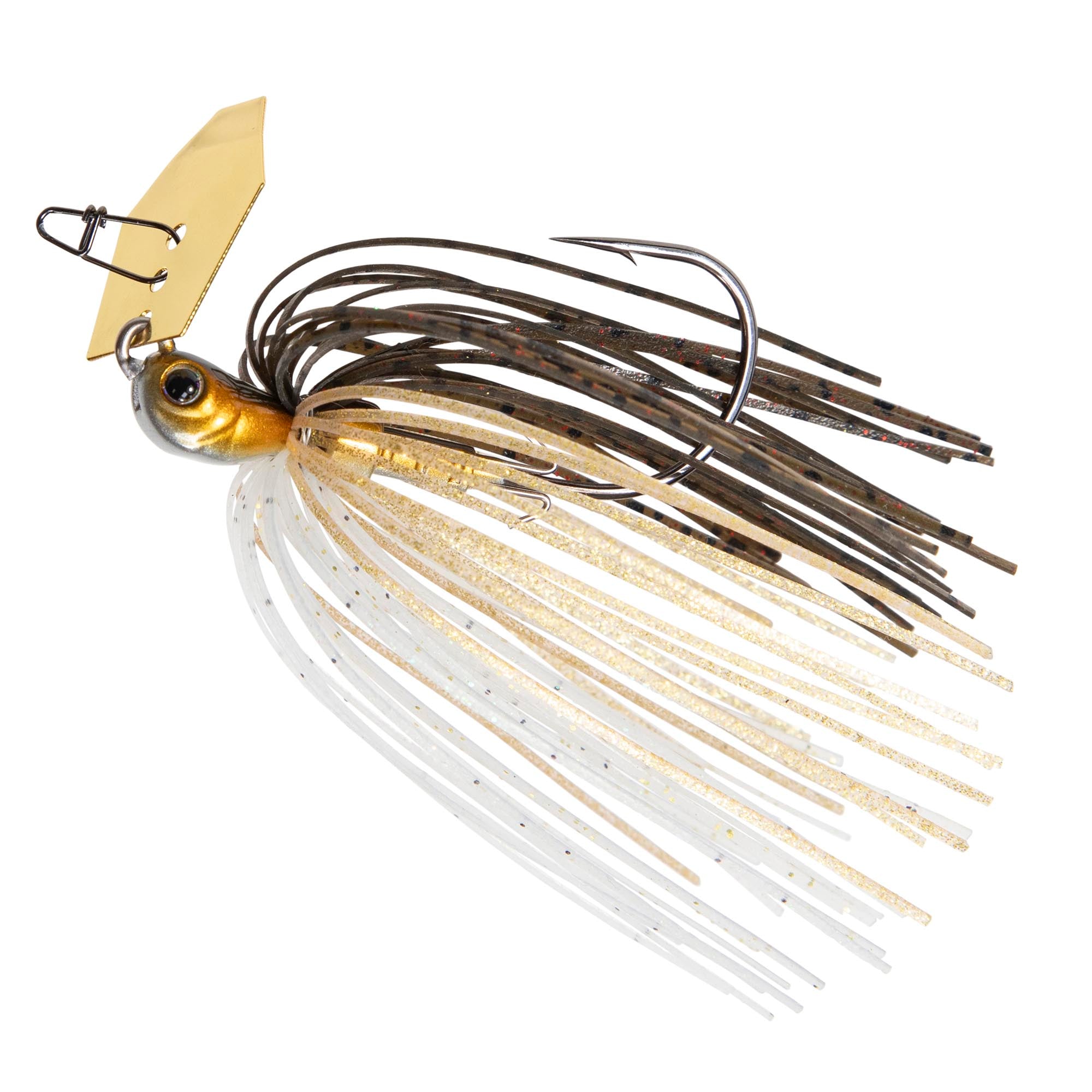 Fishing jig lure with gold head, clear white skirt strands, and gold spinner blade