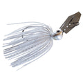 White and gray jig skirt spinnerbait lure with dark metal blade and hook
