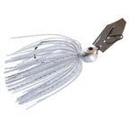 White and gray jig skirt spinnerbait lure with dark metal blade and hook