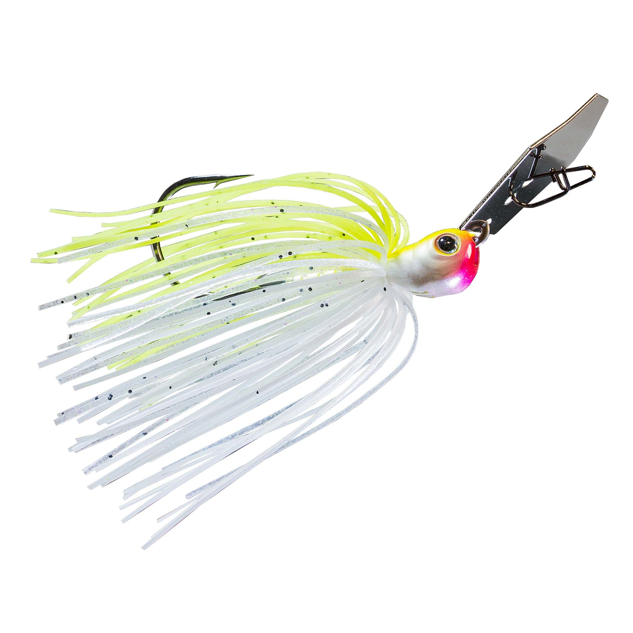 Fishing chatterbait jig with white skirt and chartreuse strands, black blade