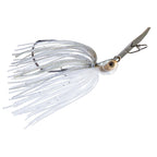 White and gray jig skirt spinnerbait lure with black-speckle head and dark blade