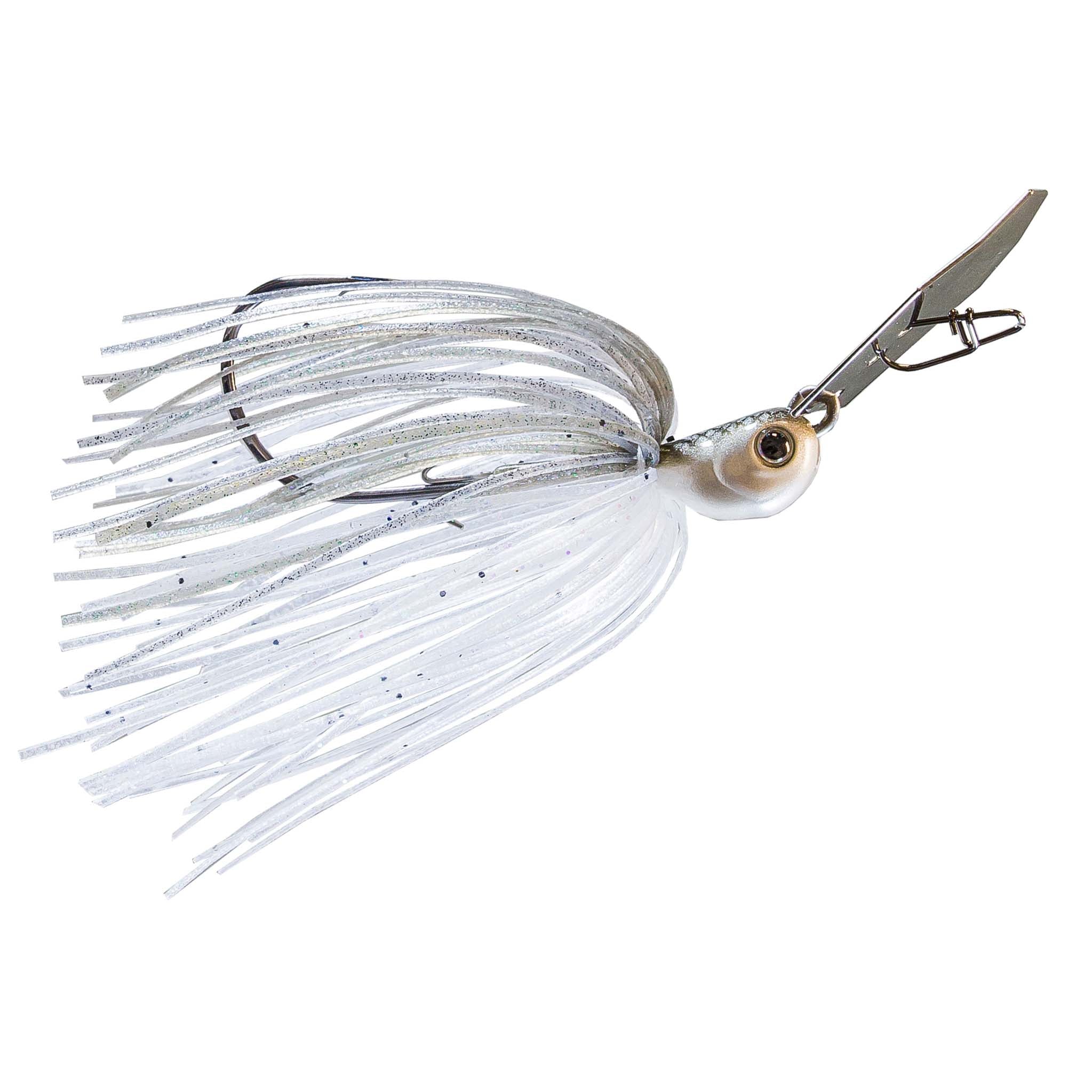 White and gray jig skirt spinnerbait lure with black-speckle head and dark blade