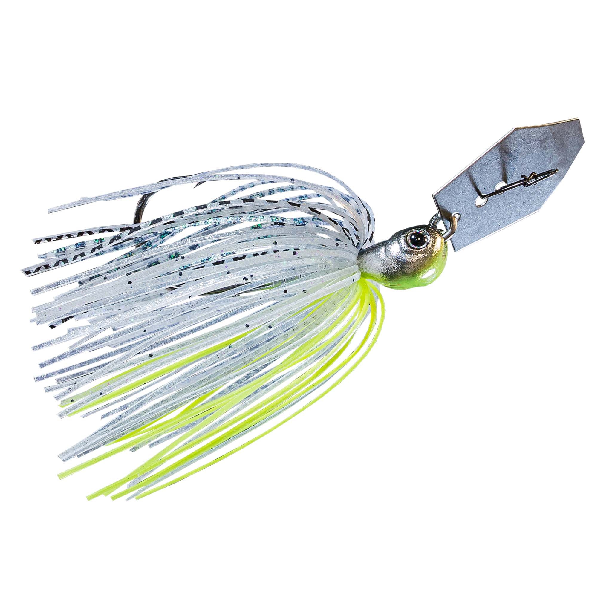 White and lime jig skirt spinnerbait lure with blue metal blade and wire hook
