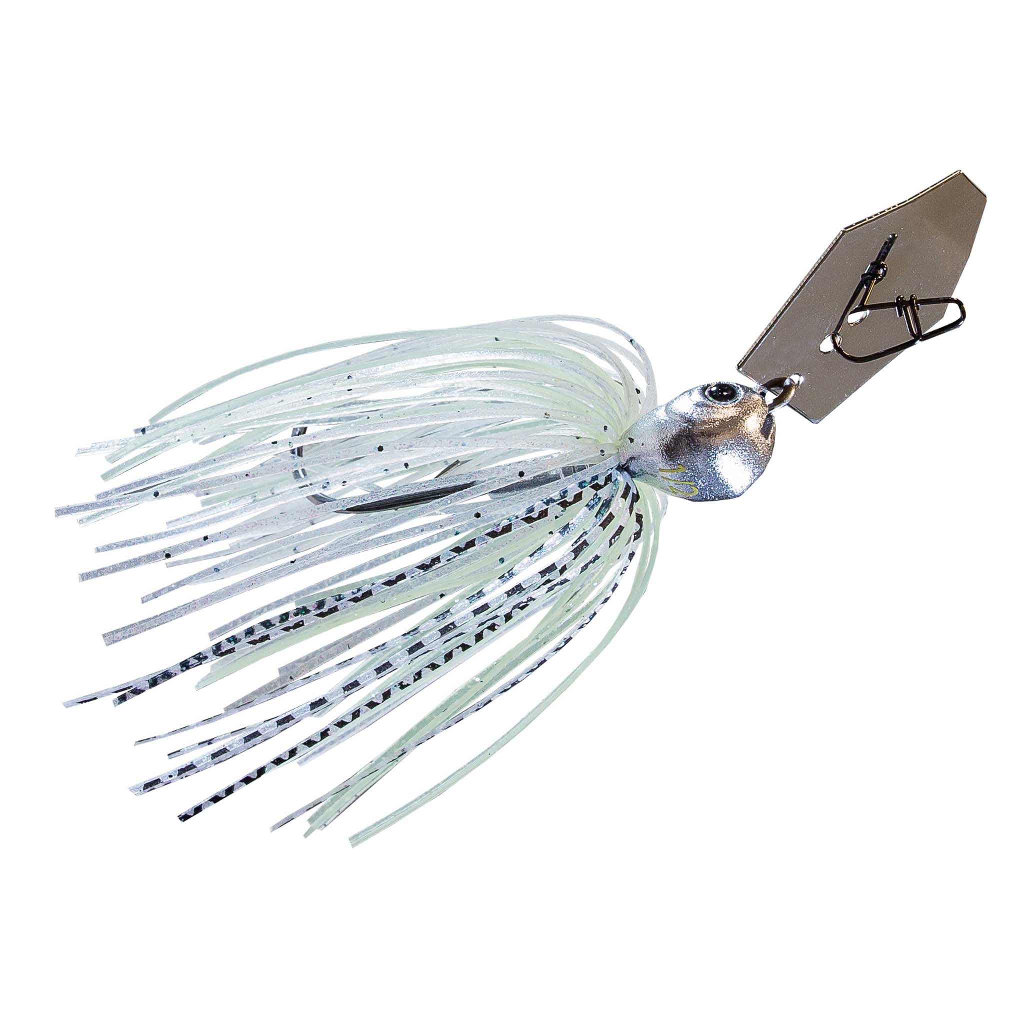 White and light-blue speckled jig skirt spinnerbait lure with brown metal blade