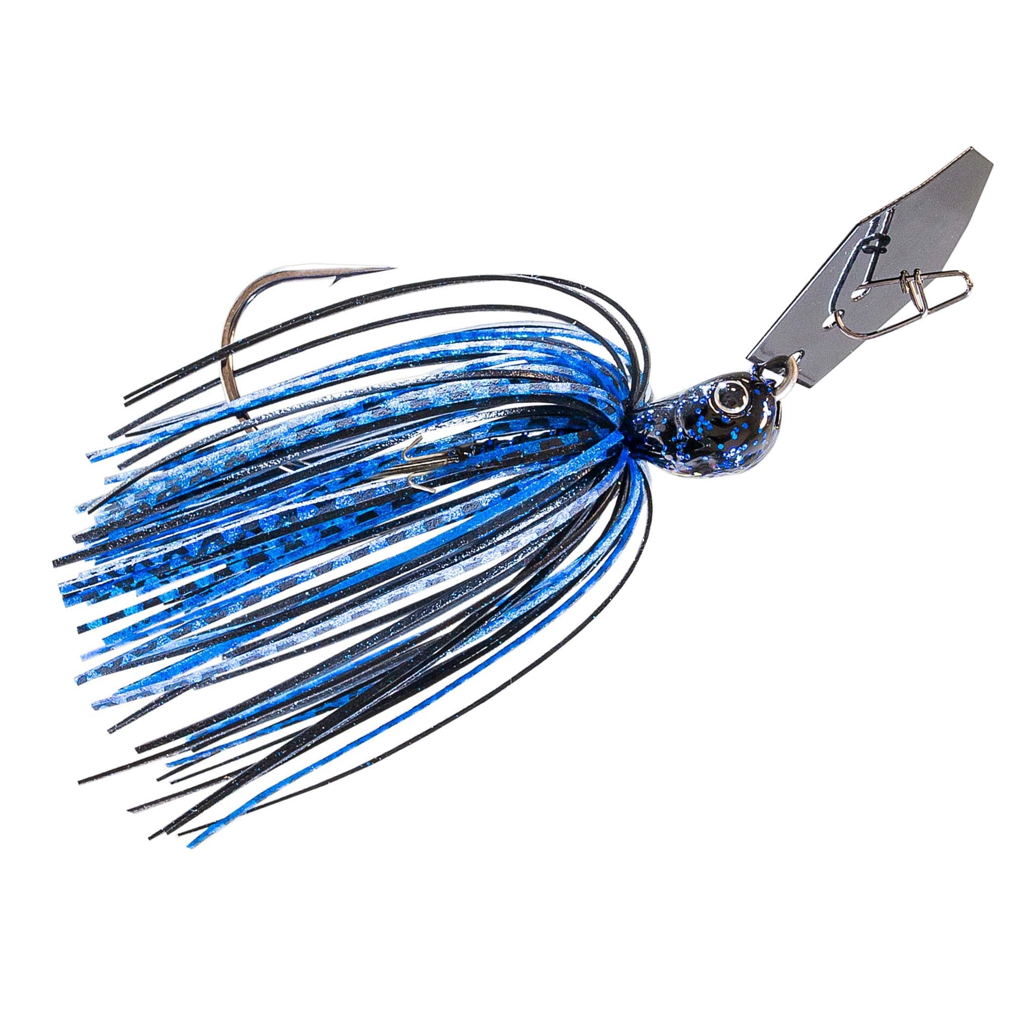 Fishing chatterbait jig with blue-and-black skirt and silver blade with hook
