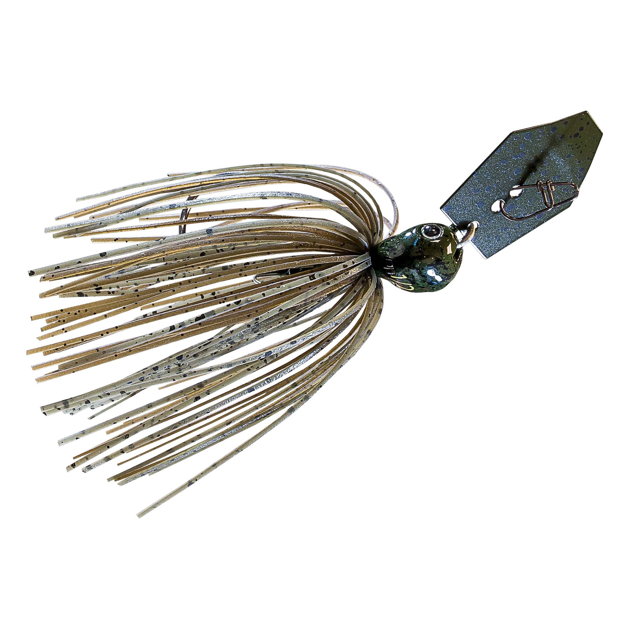 Fishing chatterbait jig with green-speckled brown skirt and dark speckled blade