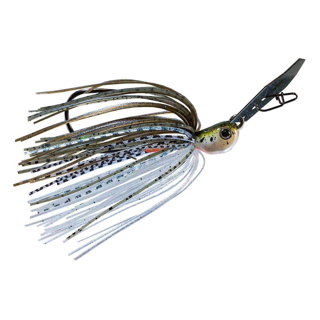 Spinner-style fishing lure with white-blue skirt, dark blade, and lifelike eye.