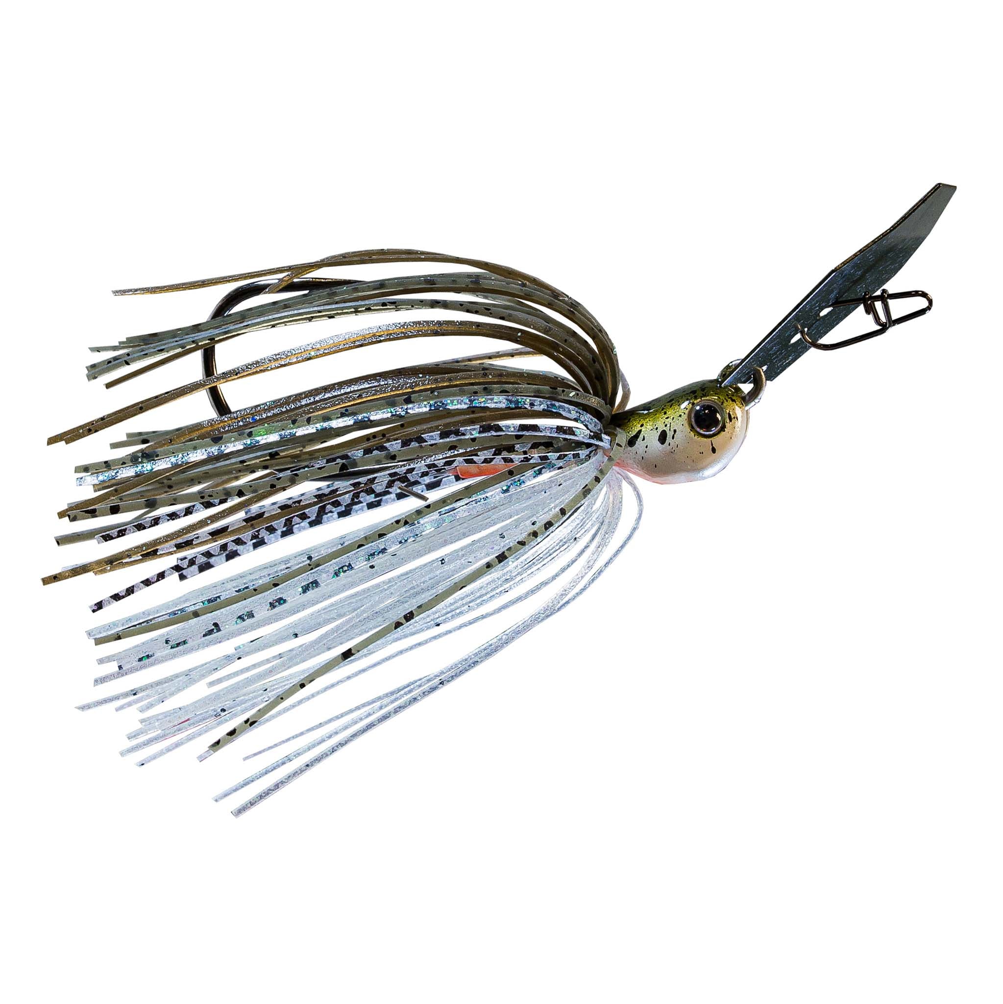 ChatterBait JackHammer jig with blue-silver skirt and dark blue metal blade
