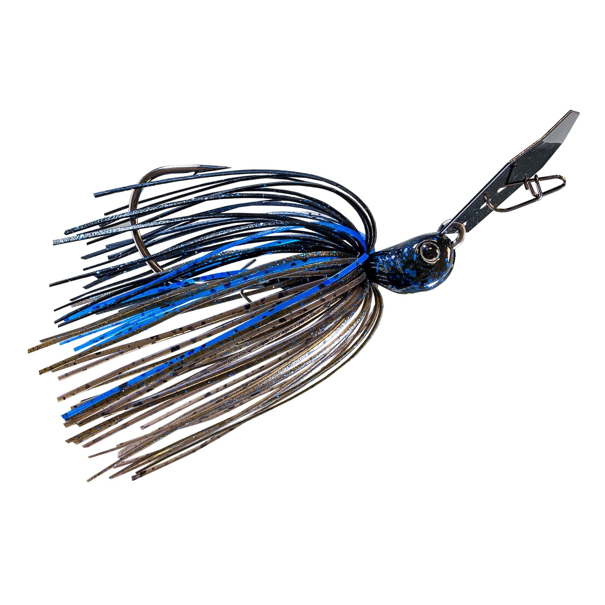Fishing chatterbait jig with blue-and-brown skirt and black blade with silver accents