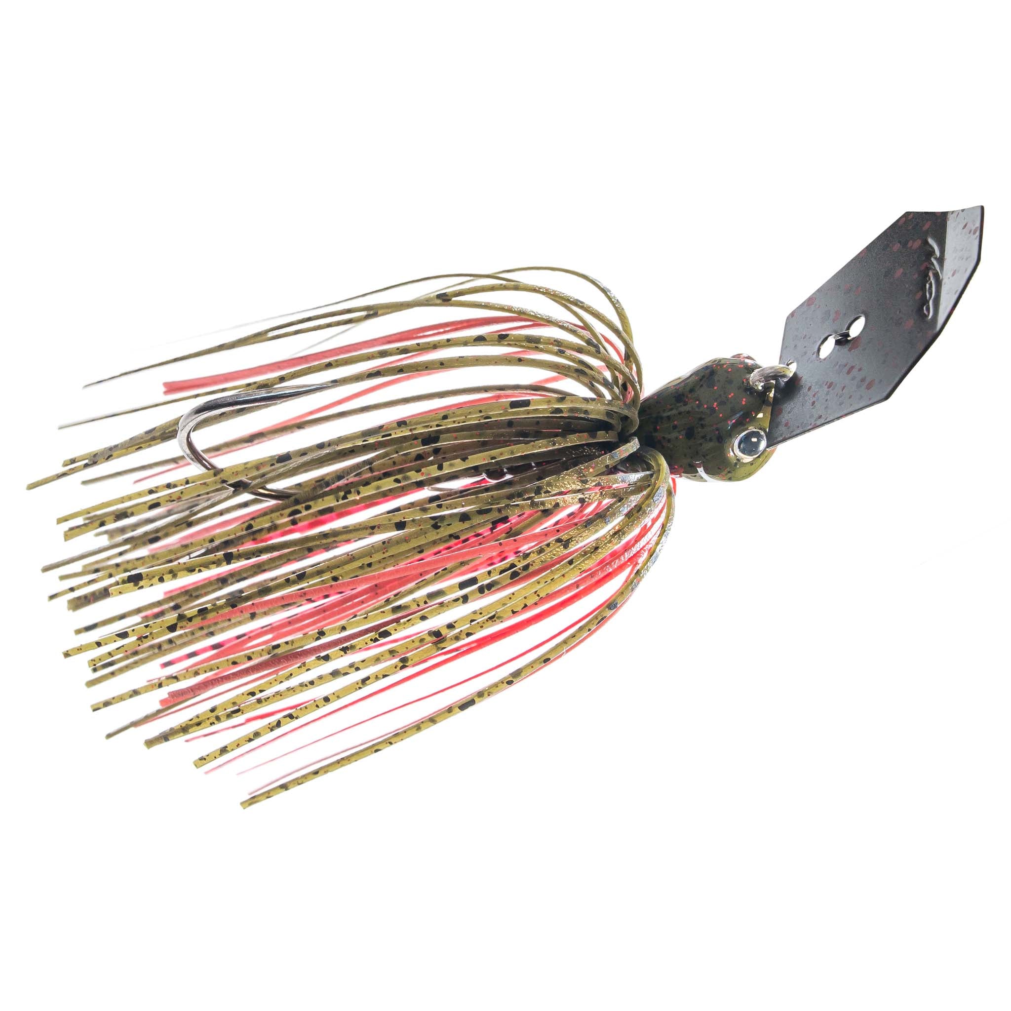 Spinner-style fishing lure with red-white-striped skirt, dark blade, and lifelike eye.