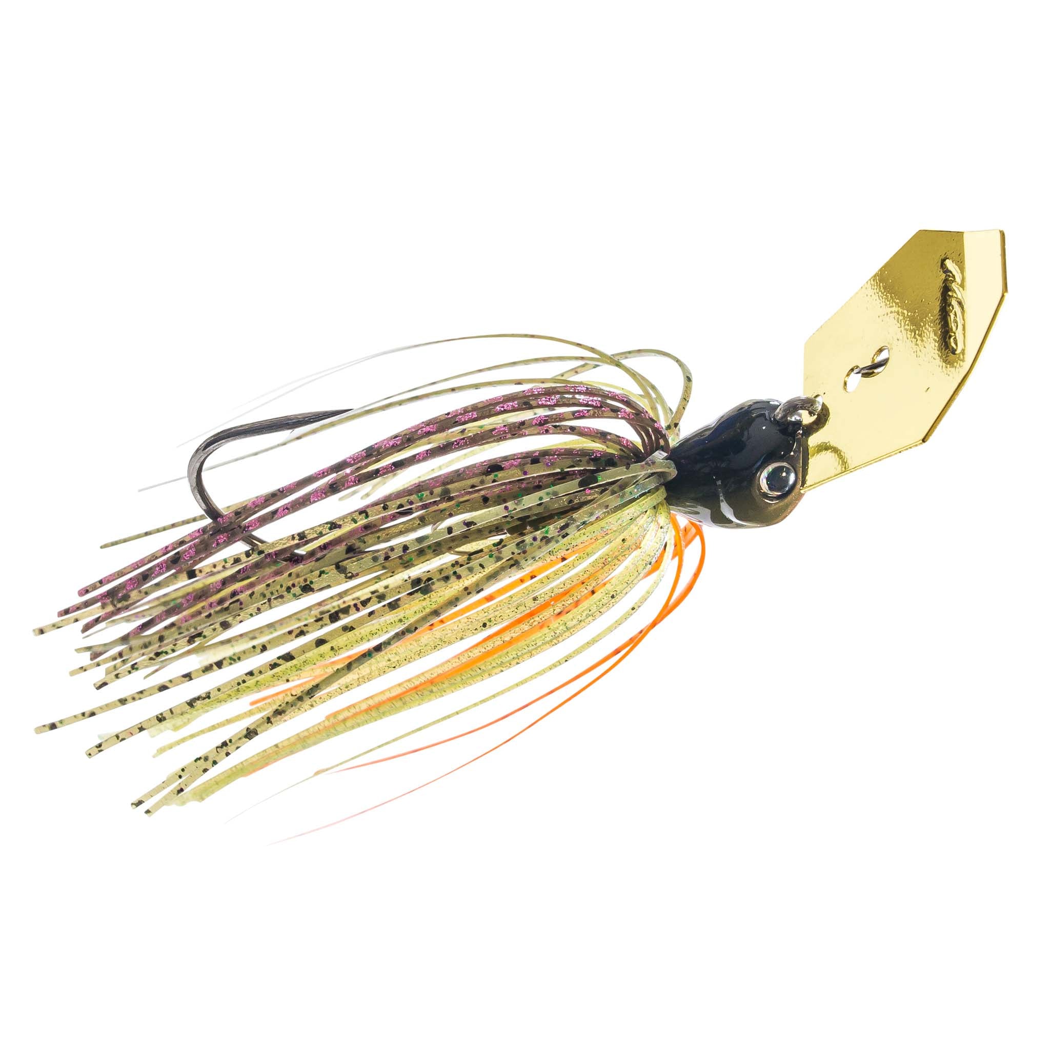 Spinner-style fishing lure with gold-and-orange speckled skirt, yellow blade, lifelike eye.