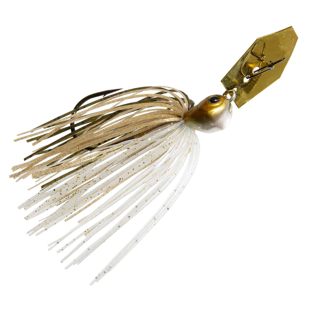 White jig skirt spinnerbait lure with olive tones and gold metal blade