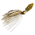 White jig skirt spinnerbait lure with olive tones and gold metal blade