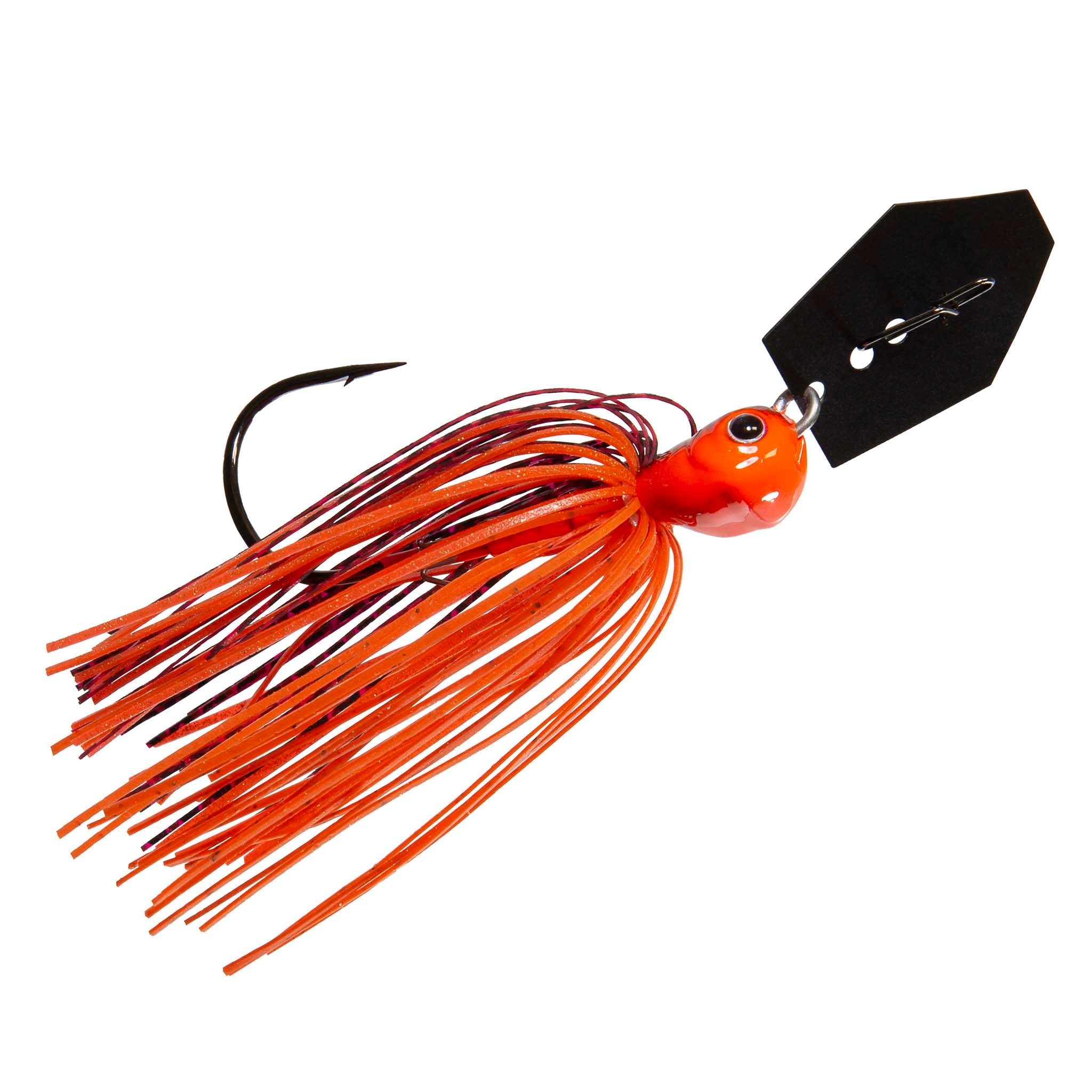 Fishing chatterbait jig with bright orange skirt and black blade with eyelet