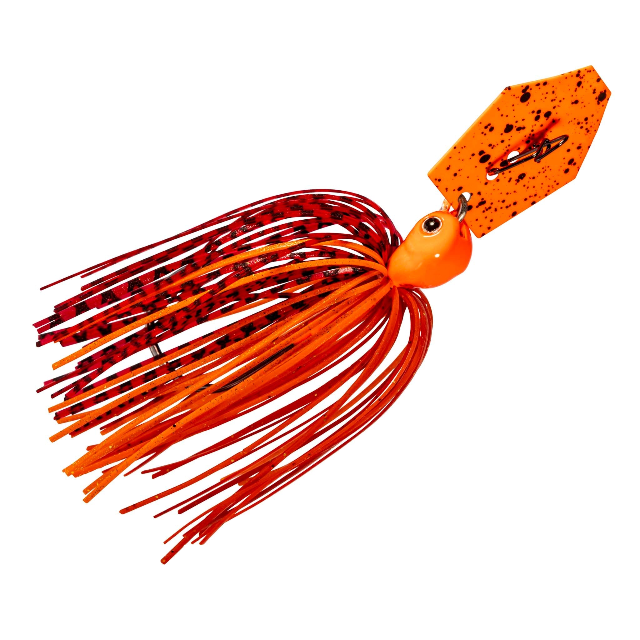 Spinner-style fishing lure with orange-red skirt, bright orange blade, lifelike eye.
