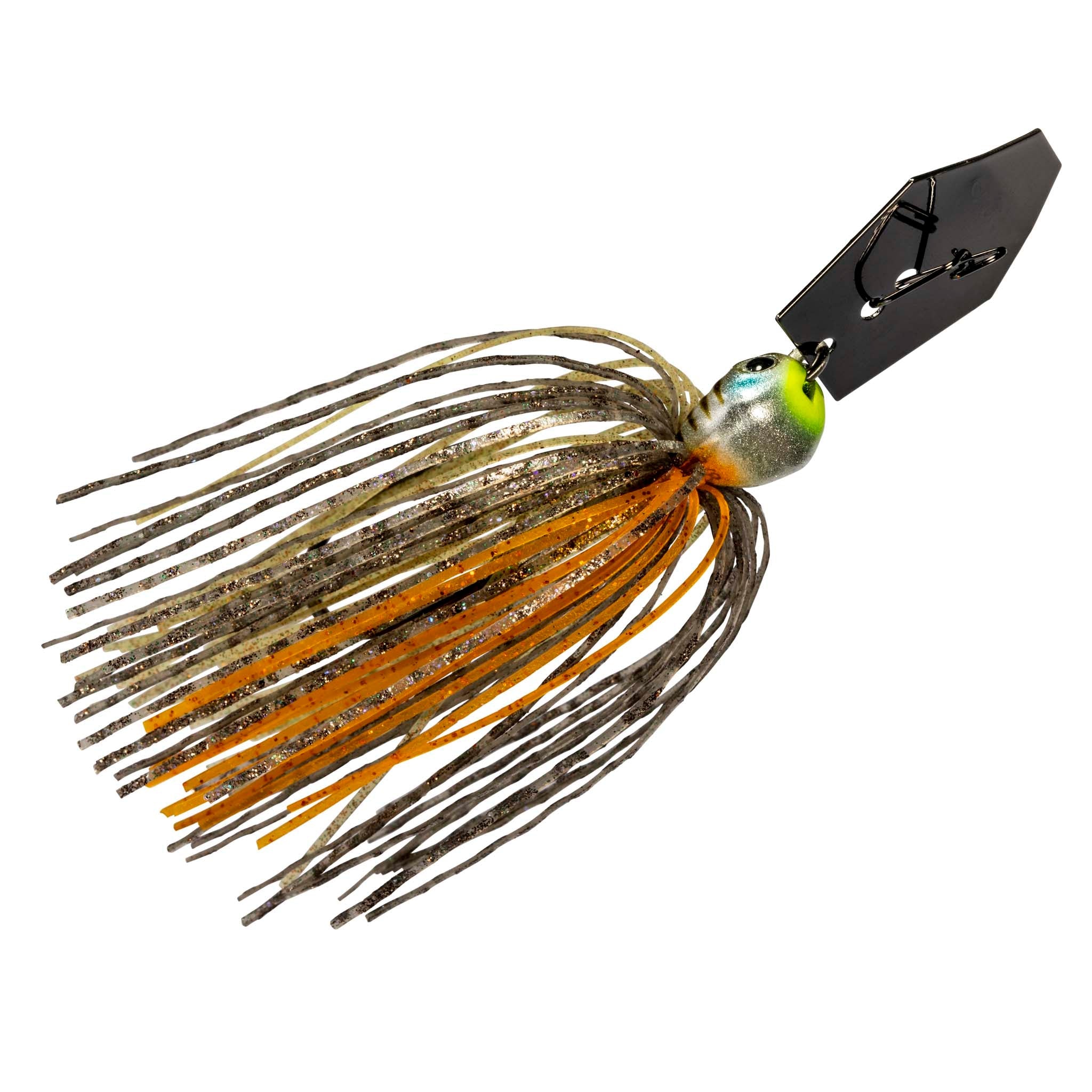 Spinner-style fishing lure with green-brown skirt, black blade, and lifelike eye.