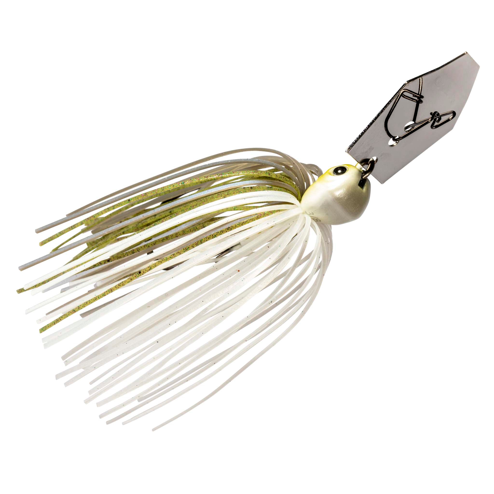 White jig skirt spinnerbait lure with green-tinted wire and silver metal blade