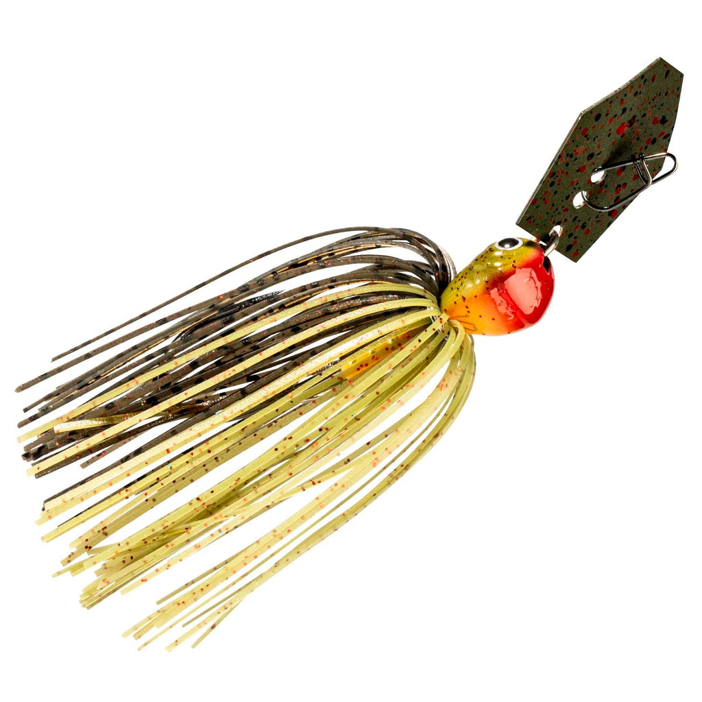 Fishing lure with yellow skirt, red-and-gold head, and dark speckled metal blade