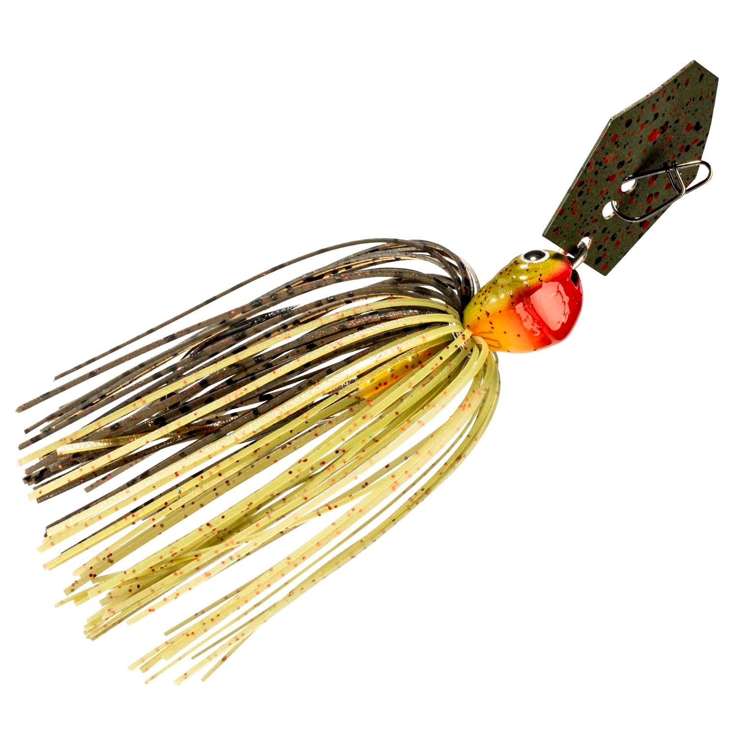 Fishing lure with yellow skirt, red-and-gold head, and dark speckled metal blade