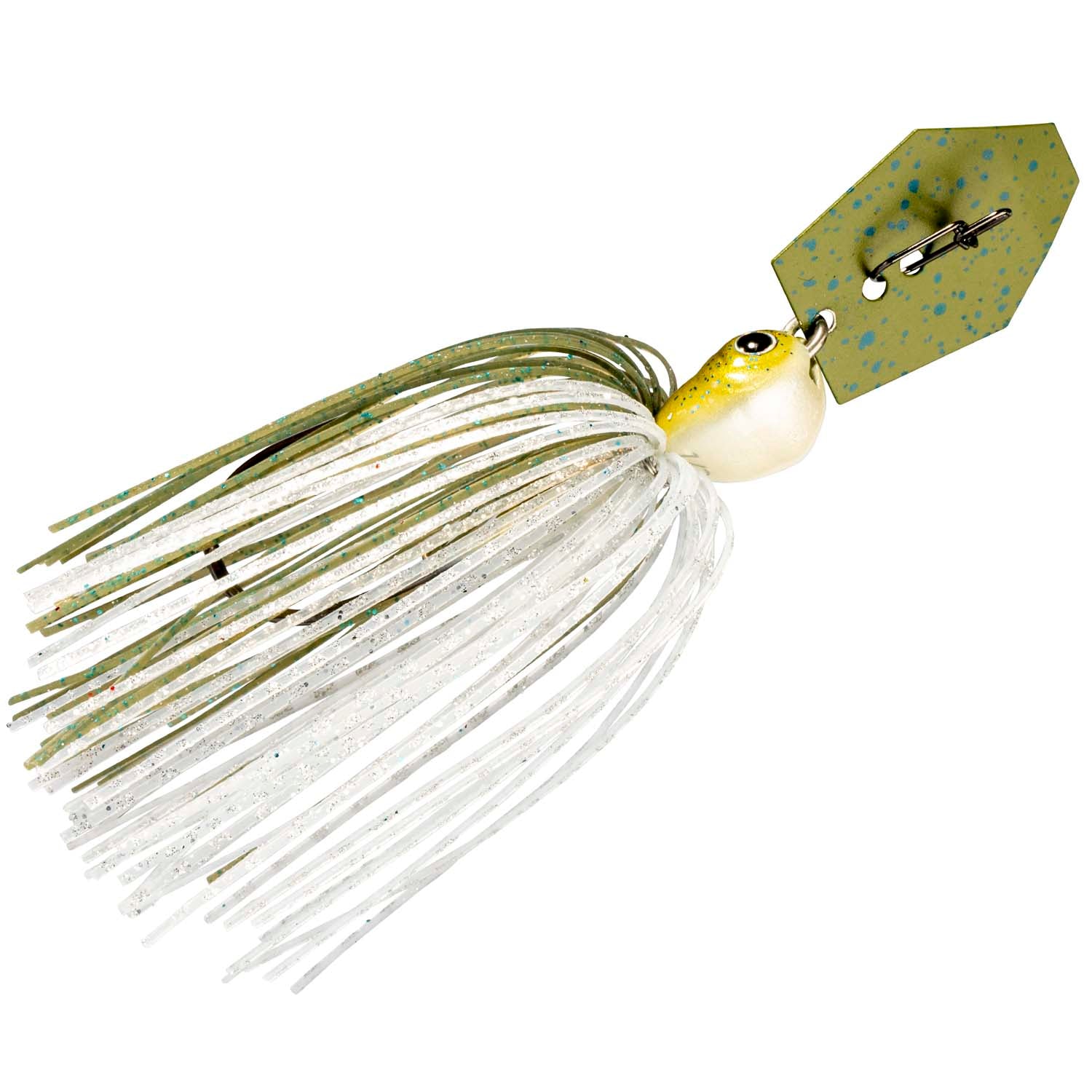 Fishing lure with white skirt, yellow-and-white head, and green speckled metal blade
