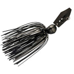 Fishing lure with black skirt, silver-black head, and dark metal blade