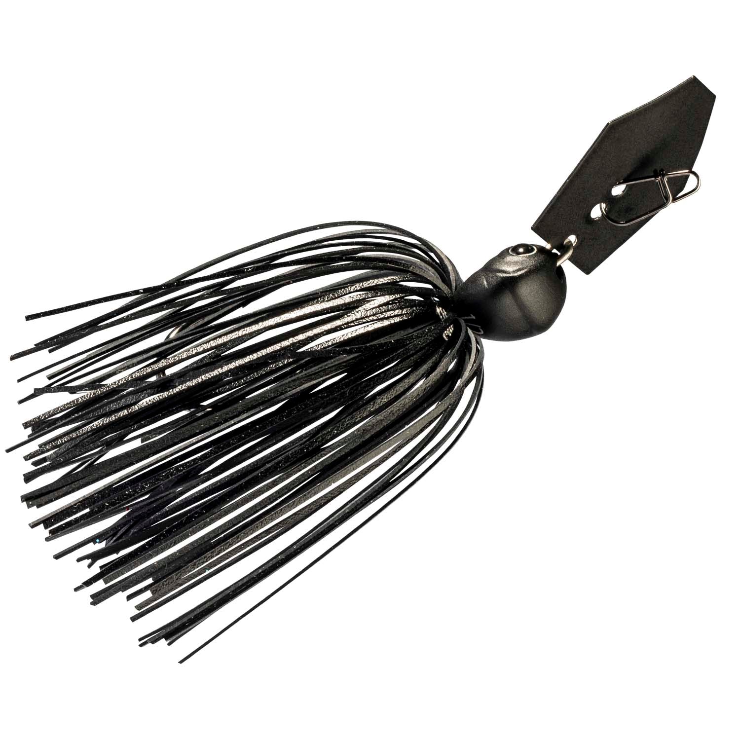 Fishing lure with black skirt, silver-black head, and dark metal blade