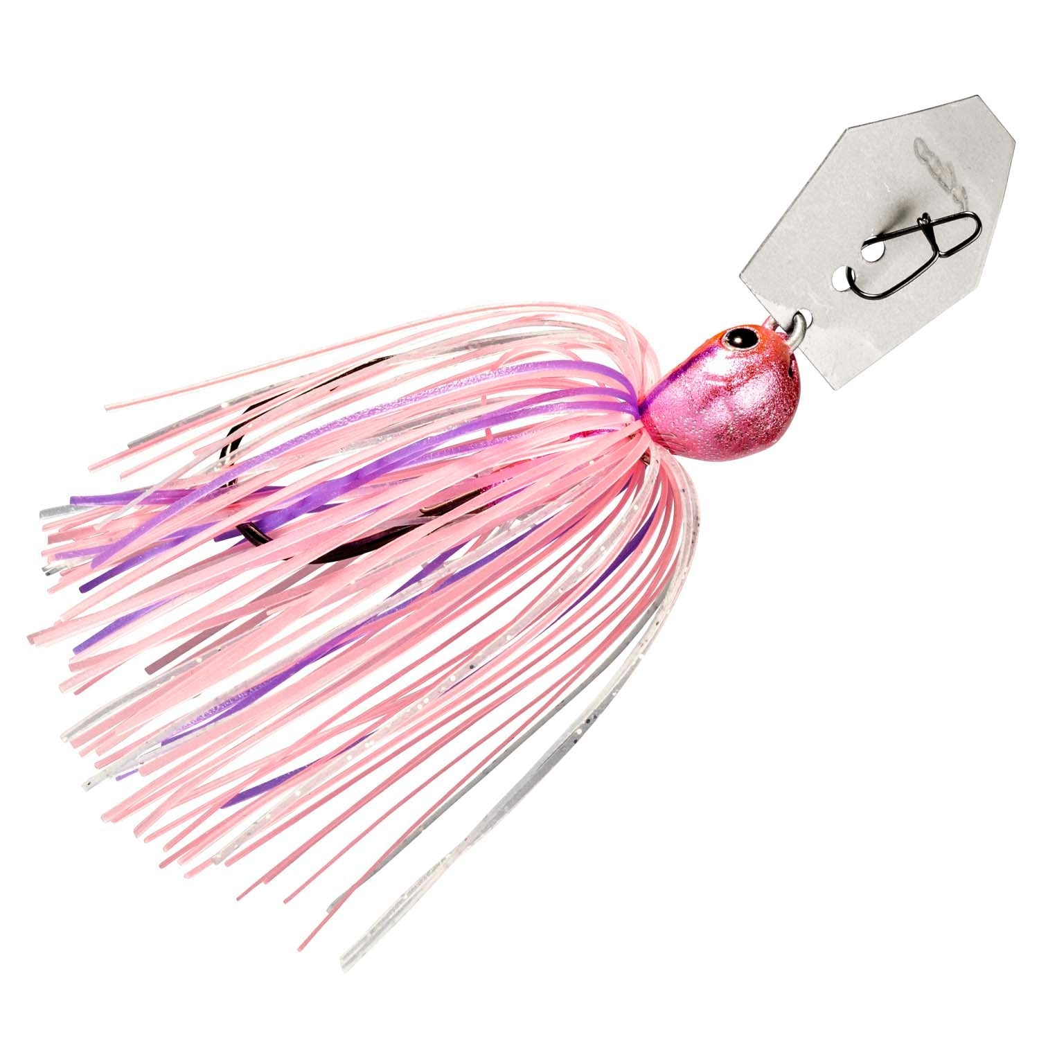 Fishing lure with pink striped skirt, pink head, and silver metal blade with hook