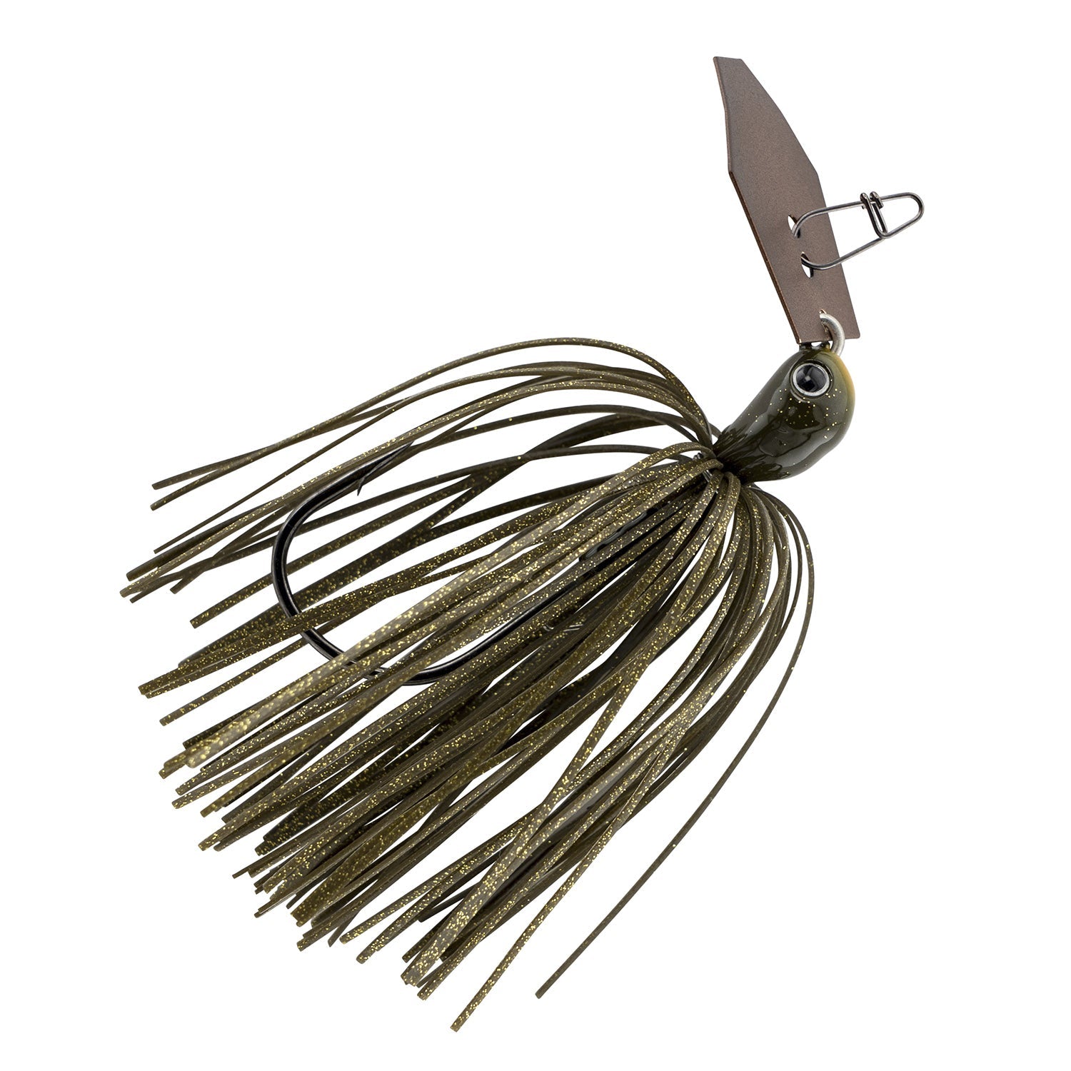Spinnerbait fishing lure with olive-green skirt and dark metal blade
