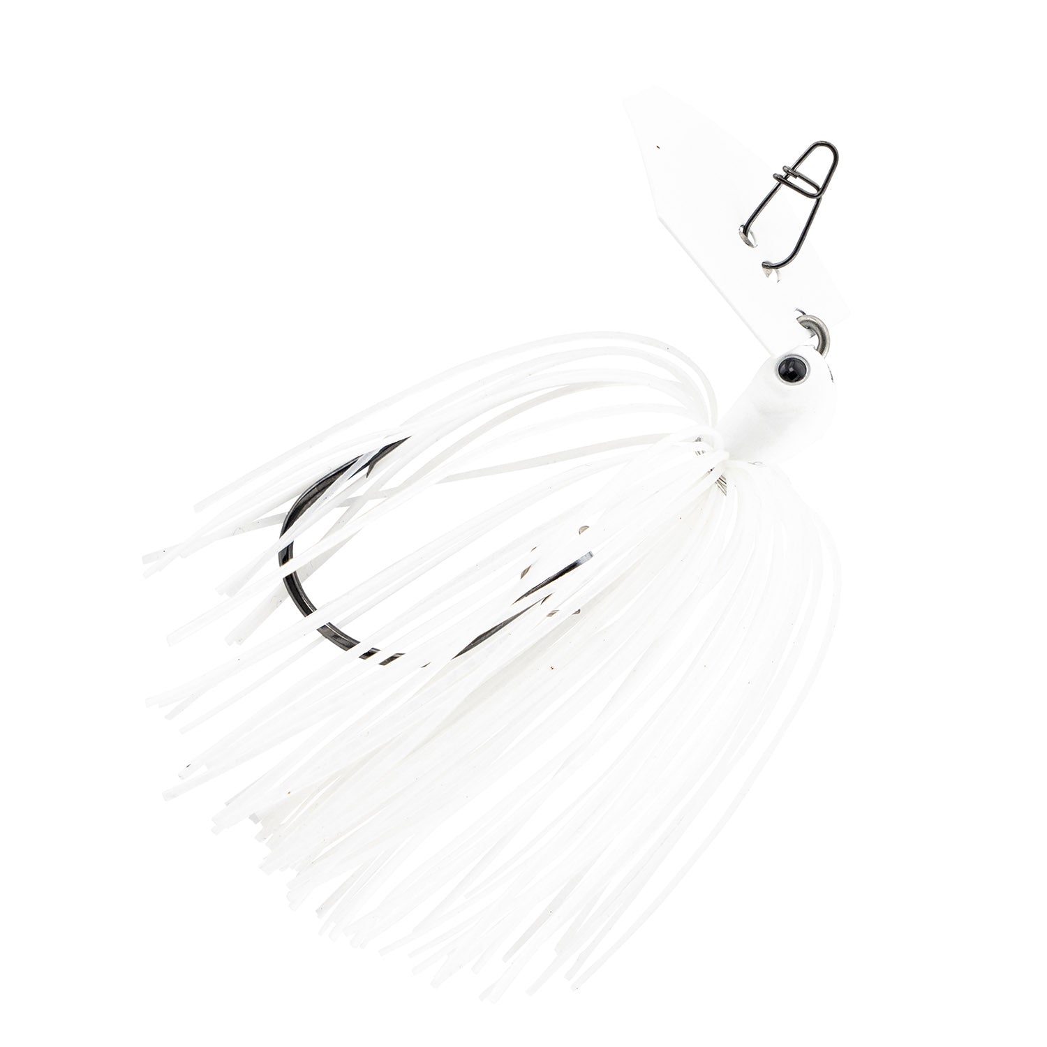 Fishing lure with white skirt and black accents, white head, and clear/silver blade