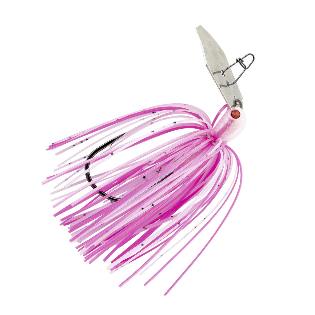 Spinnerbait fishing lure with pink-purple skirt and metal blade