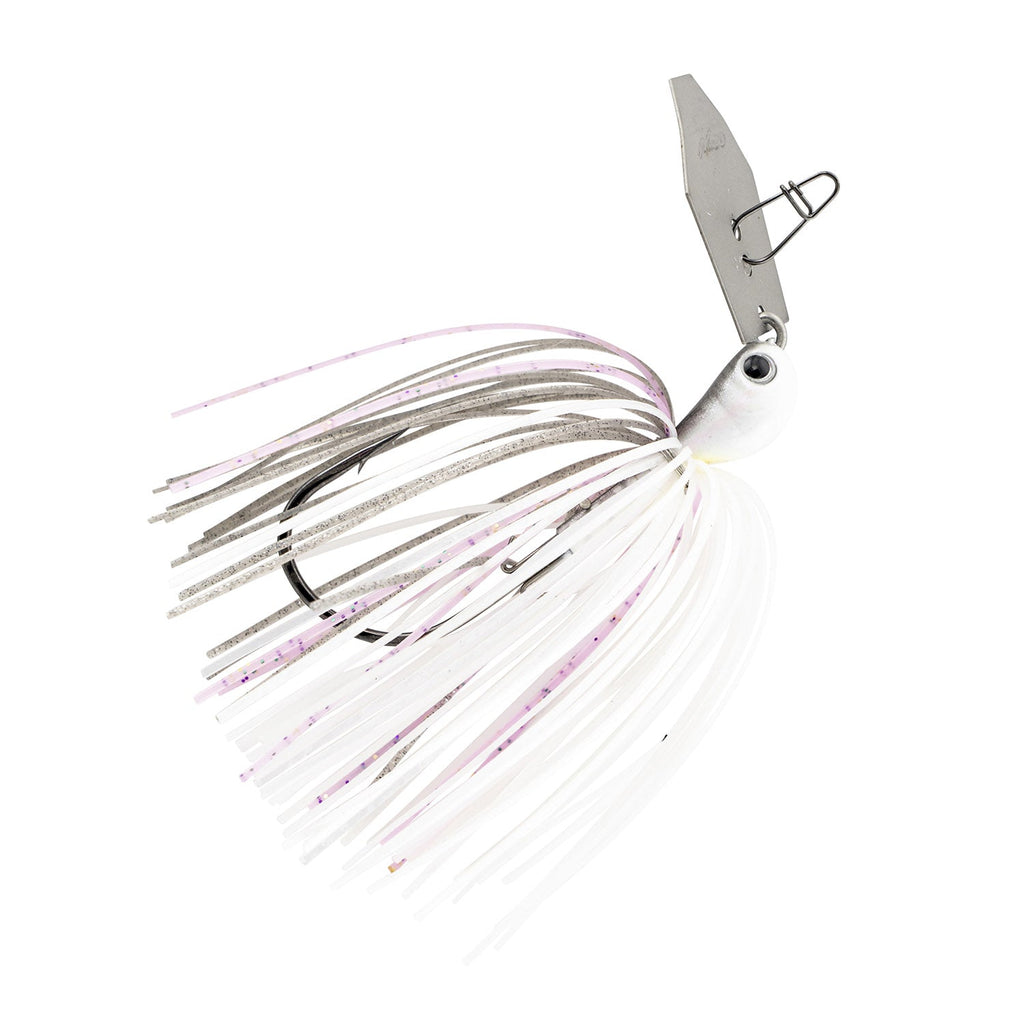 Fishing lure with white skirt and purple accents, white head, and silver metal blade