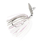 Fishing lure with white skirt and purple accents, white head, and silver metal blade