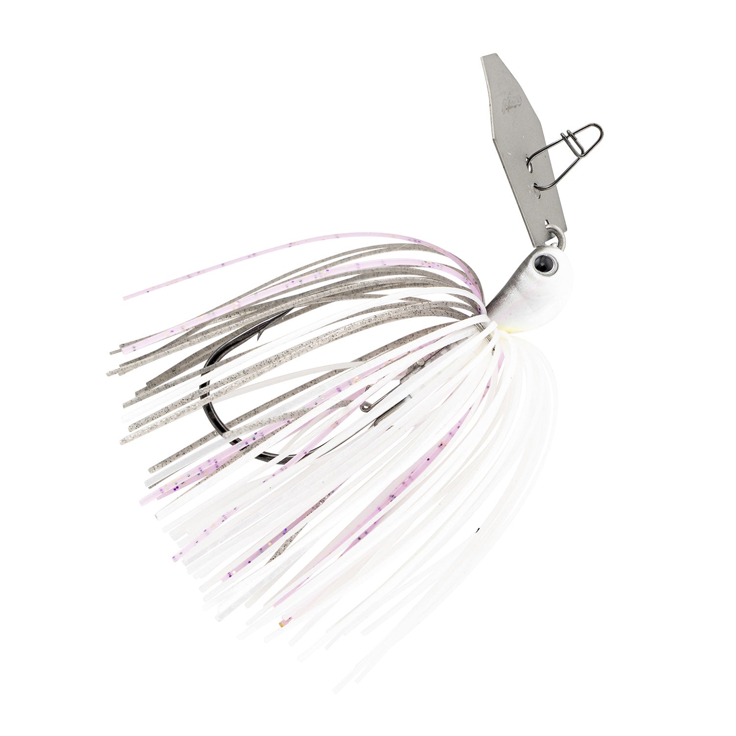 Fishing lure with white skirt and purple accents, white head, and silver metal blade