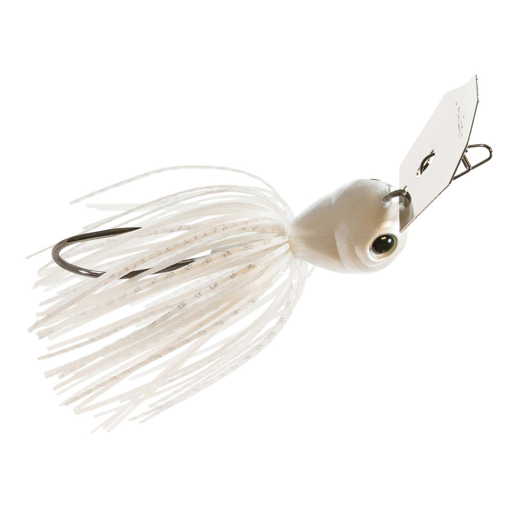 White silicone skirt lure with silver blade, black eye, and wire hook loop.