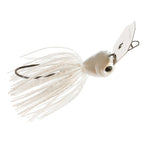 White silicone skirt lure with silver blade, black eye, and wire hook loop.