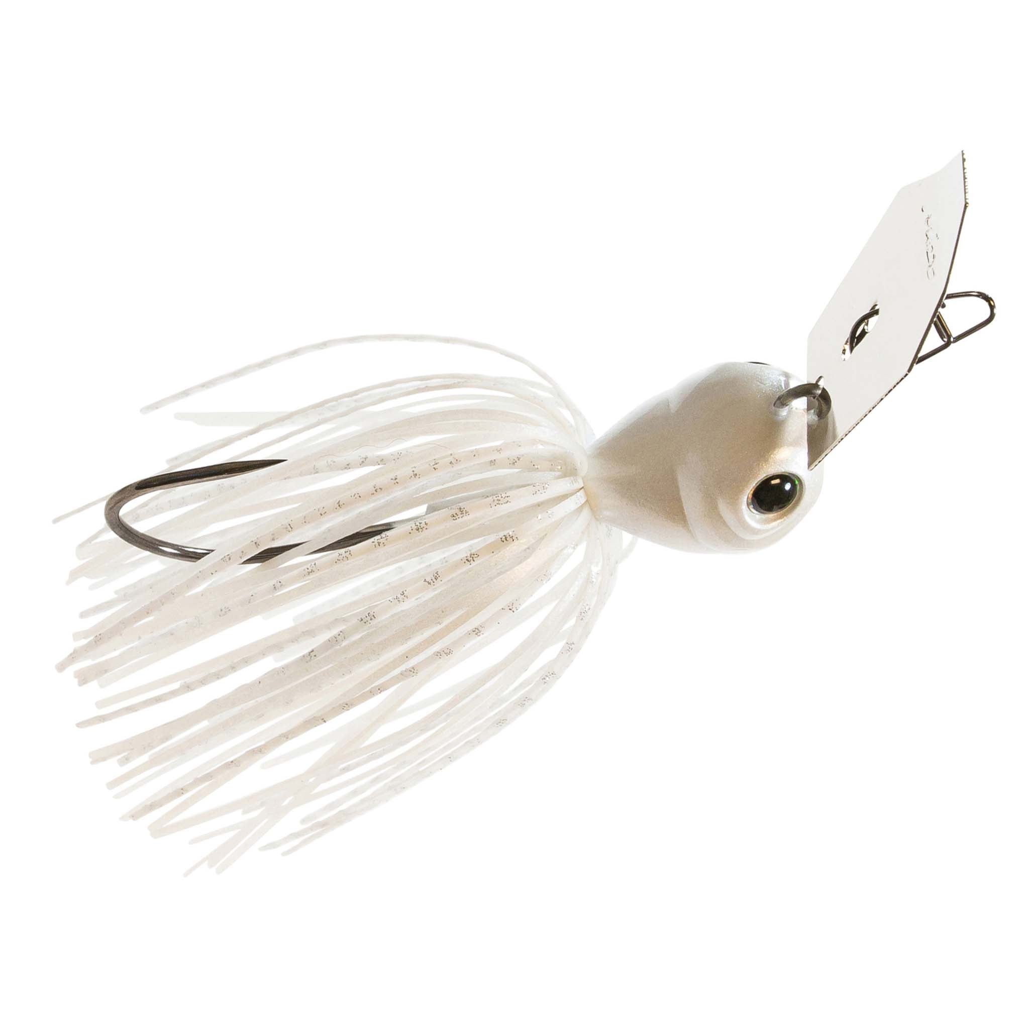 White silicone skirt lure with silver blade, black eye, and wire hook loop.