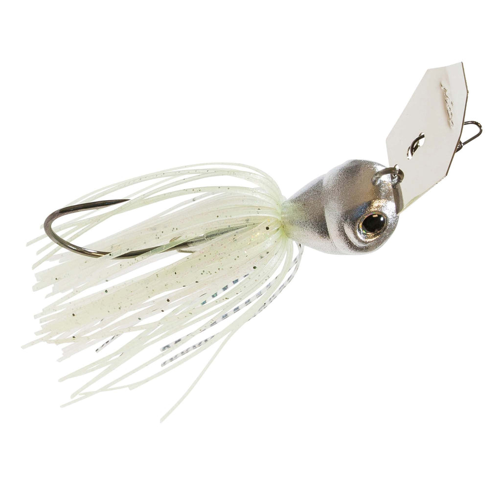 ChatterBait lure with white speckled skirt, silver blade, realistic eye and hook loop