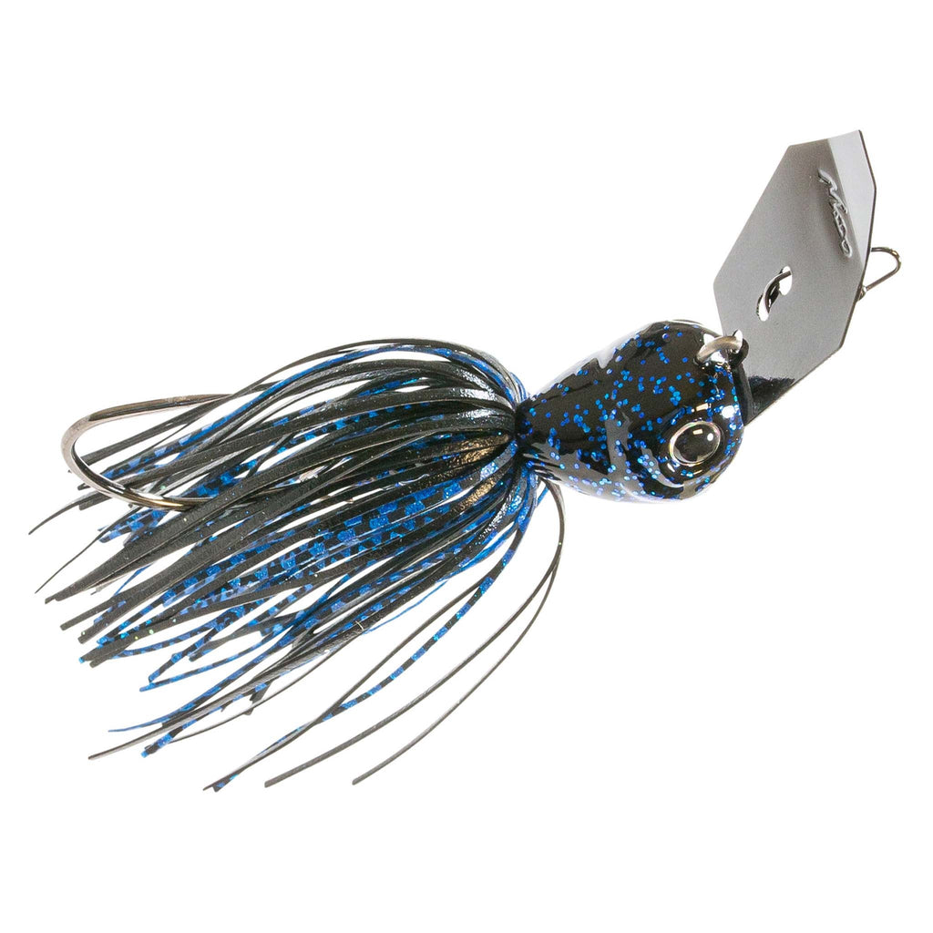 Blue and black speckled skirt lure with dark blade, round eye, and wire hook loop.