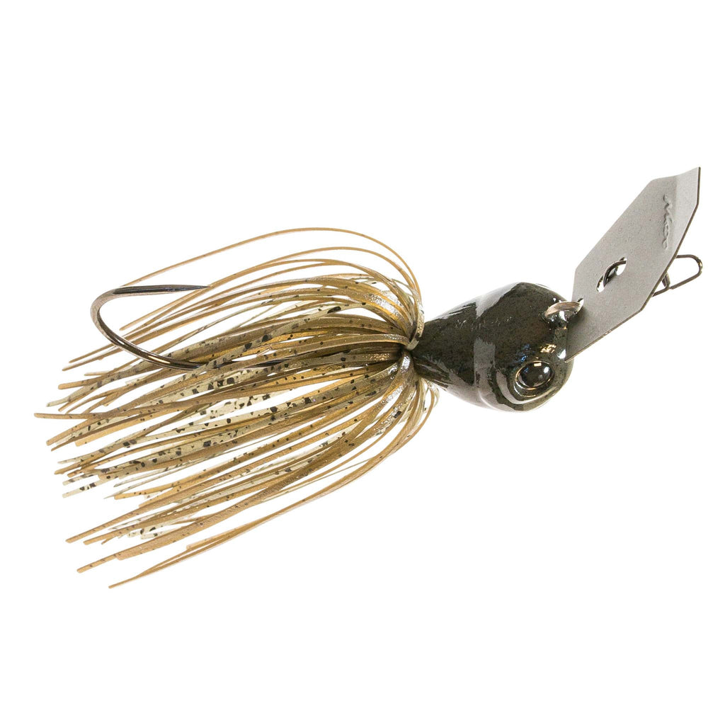 Tan and dark green skirt lure with silver blade, round eye, and wire hook loop.