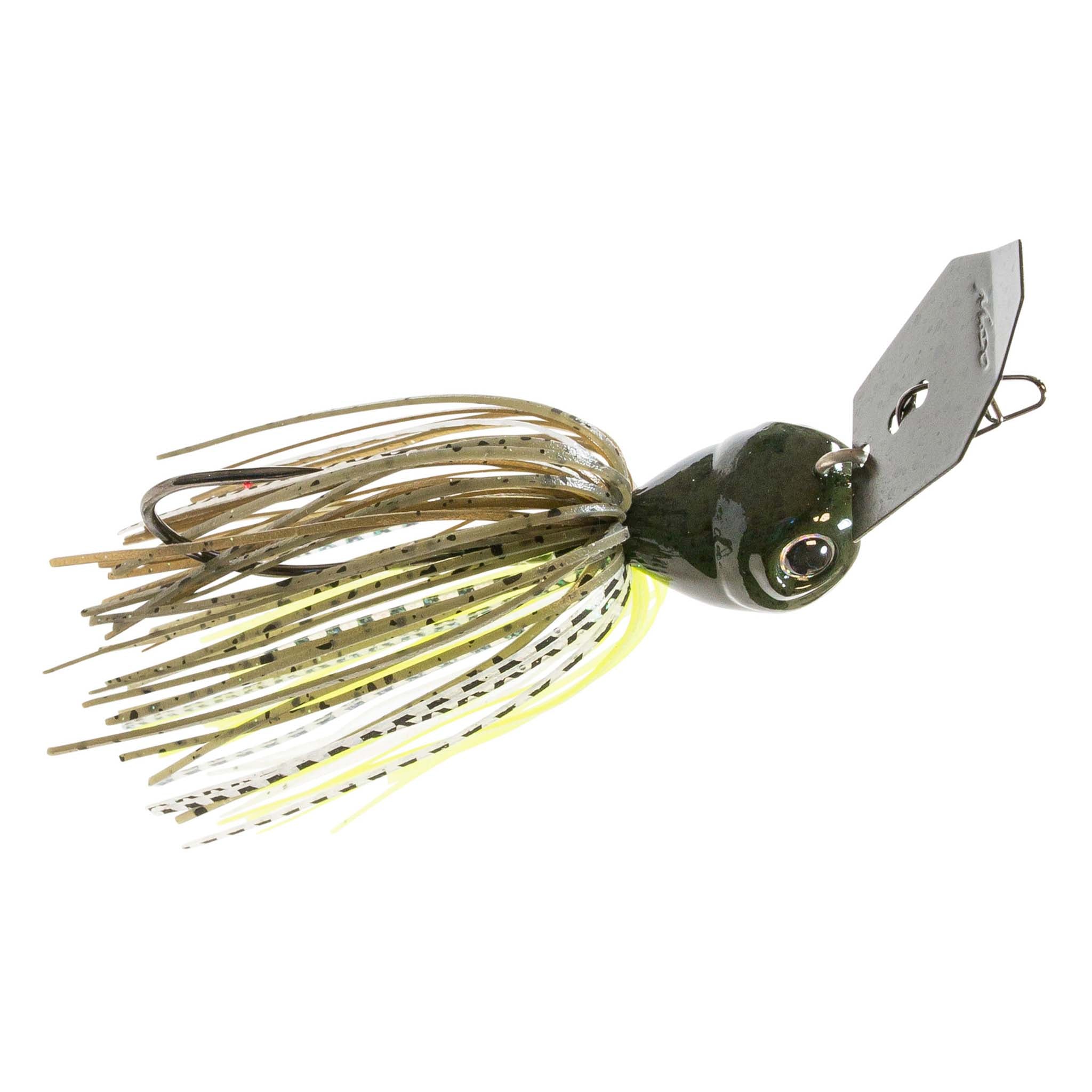 Light green and white strip skirt lure with yellow-tinted blade, round eye, and hook.