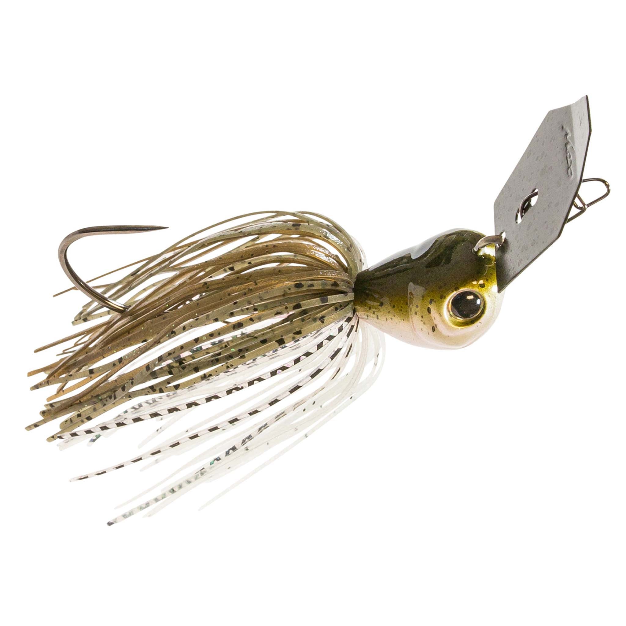 Green-gold and white skirt lure with silver blade, round eye, and wire hook loop.