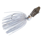 ChatterBait lure with white and light-blue skirt, dark blade, realistic eye and hook