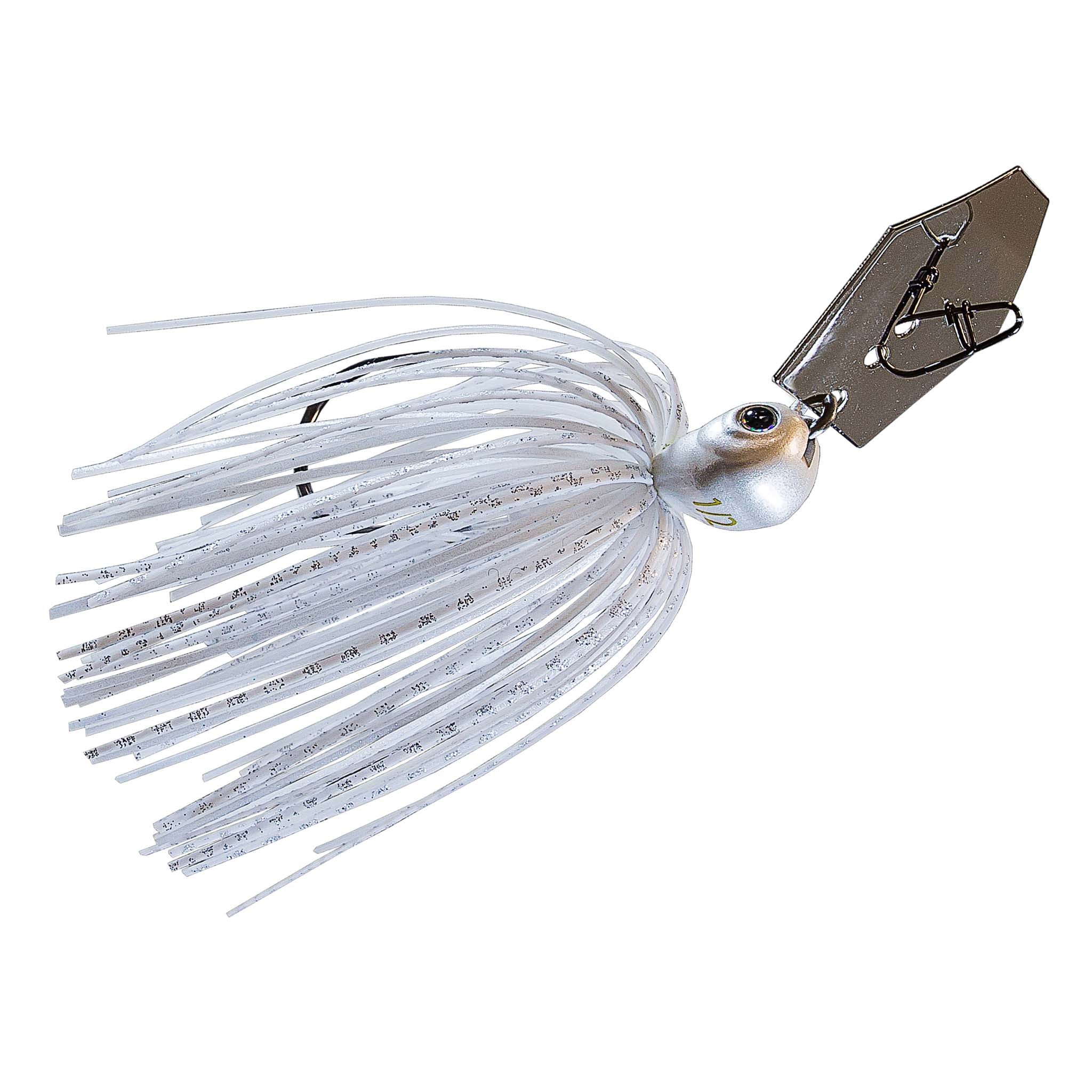 White blue-speckled skirt lure with dark blade, silver eye, and wire hook loop.