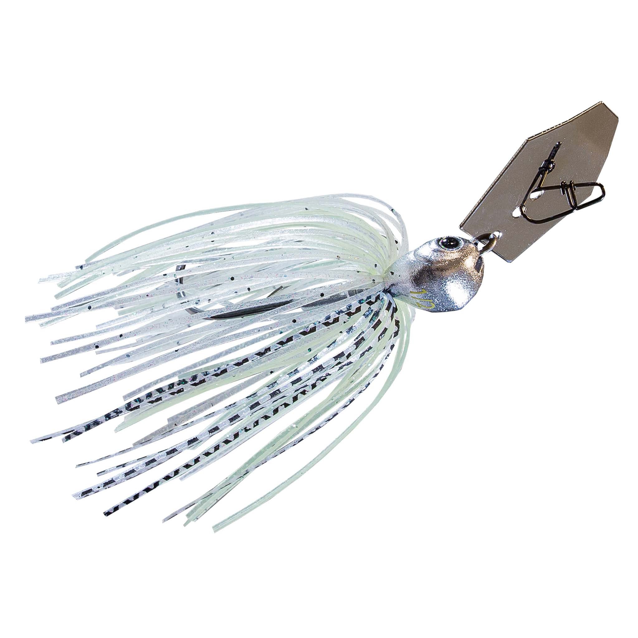 White and light blue skirt lure with dark blade, blue-green eye, and wire hook loop.