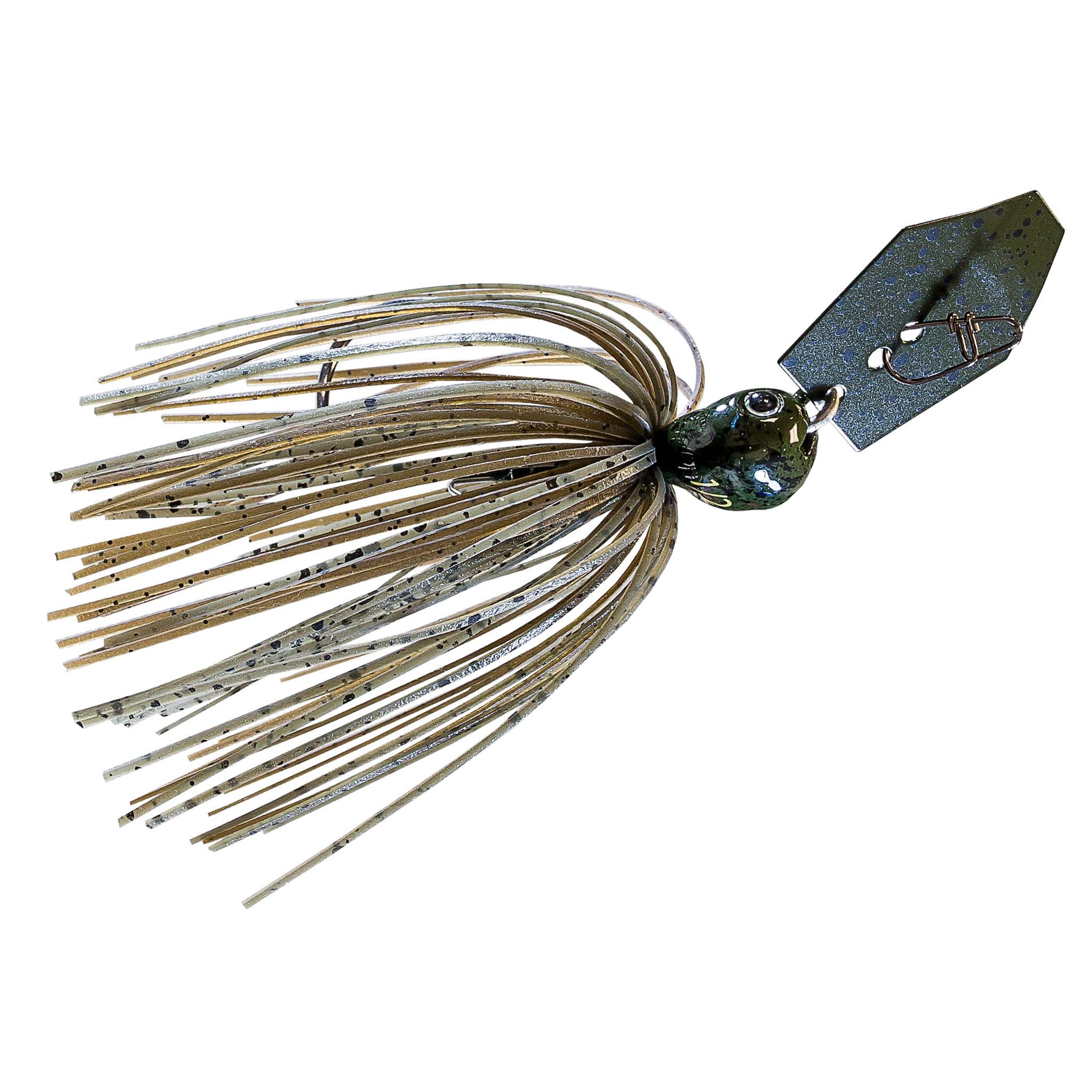 Olive and gold jig skirt spinnerbait lure with dark metal blade and hook